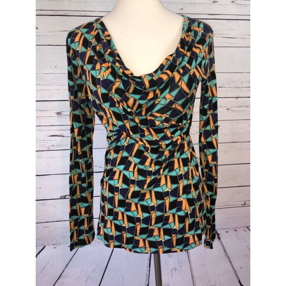 Cabi Small Long Sleeve Shirt Faux‎ wrap ruched Gathered Front Geometric Colorful - Picture 6 of 9